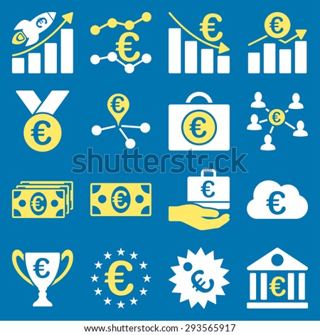 Euro banking business and service tools icons. These flat bicolor icons use yellow and white. Images are isolated on a blue background. Angles are rounded.