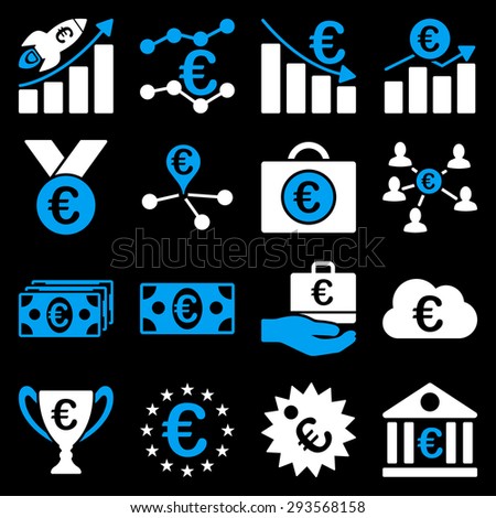 Euro banking business and service tools icons. These flat bicolor icons use blue and white. Images are isolated on a black background. Angles are rounded.