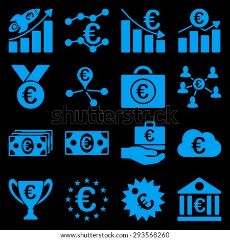 Euro banking business and service tools icons. These flat icons use blue. Images are isolated on a black background. Angles are rounded.