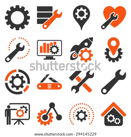 Options and service tools icon set. Vector style: flat bicolor symbols, orange and gray colors, rounded angles, white background.