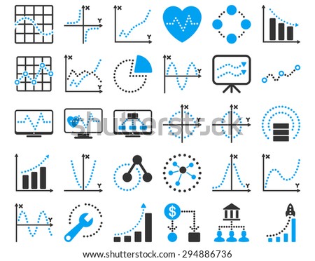 Dotted Charts Icons. These flat bicolor icons use blue and gray colors. Vector images are isolated on a white background. 