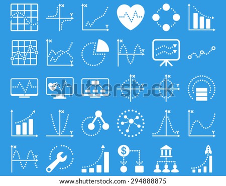 Dotted Charts Icons. These flat icons use white color. Vector images are isolated on a blue background. 