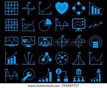 Dotted Charts Icons. These flat icons use blue color. Vector images are isolated on a black background. 