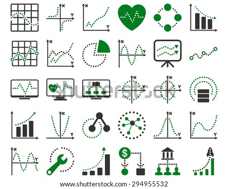 Dotted Charts Icons. These flat bicolor icons use green and gray colors. Vector images are isolated on a white background. 