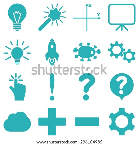 Basic science and knowledge vector icons. These plain symbols use cyan color and isolated on a white background.