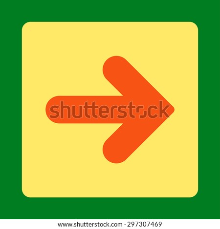 Arrow Right icon from Primitive Buttons OverColor Set. This rounded square flat button is drawn with orange and yellow colors on a green background.