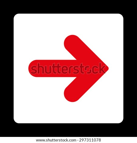 Arrow Right icon from Primitive Buttons OverColor Set. This rounded square flat button is drawn with red and white colors on a black background.