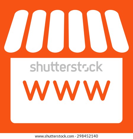 Webstore icon from Business Bicolor Set. Vector style is flat symbol, white color, rounded angles, orange background.