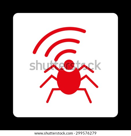 Radio spy bug icon. Vector style is red and white colors, flat rounded square button on a black background.