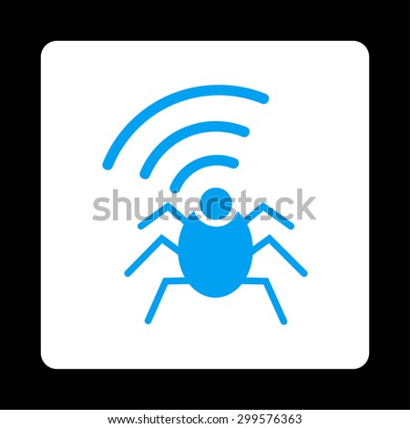 Radio spy bug icon. Vector style is blue and white colors, flat rounded square button on a black background.