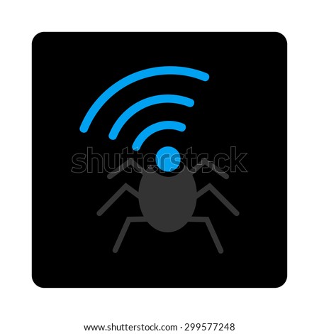 Radio spy bug icon. Vector style is bicolor flat symbol, gray and light blue colors, black rounded square button, white background.