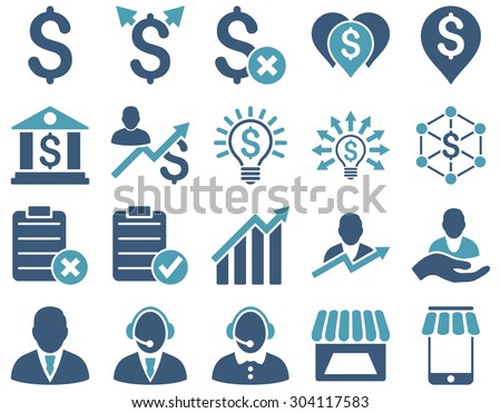 Trade business and bank service icon set. These flat bicolor icons use cyan and blue colors. Images are isolated on a white background. Angles are rounded.