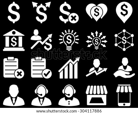 Trade business and bank service icon set. These flat icons use white color. Images are isolated on a black background. Angles are rounded.