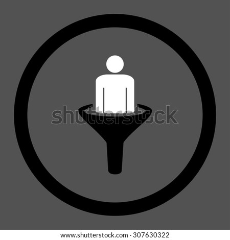 Sales funnel glyph icon. This rounded flat symbol is drawn with black and white colors on a gray background.
