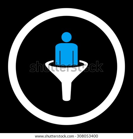 Sales funnel glyph icon. This rounded flat symbol is drawn with blue and white colors on a black background.