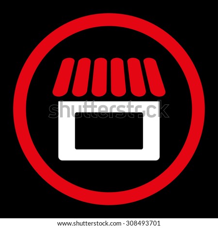 Shop glyph icon. This flat rounded symbol uses red and white colors and isolated on a black background.