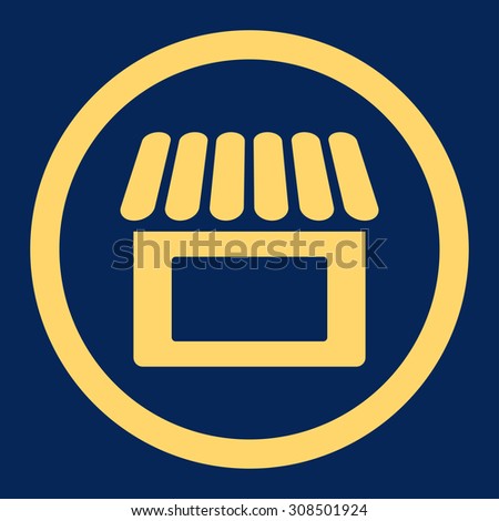 Shop glyph icon. This flat rounded symbol uses yellow color and isolated on a blue background.