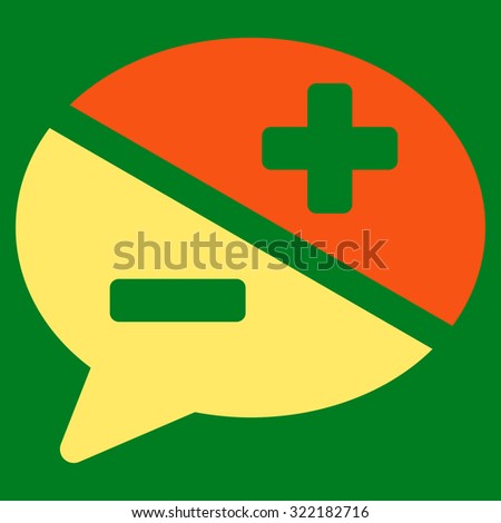 Arguments vector icon. Style is bicolor flat symbol, orange and yellow colors, rounded angles, green background.