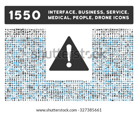 Warning icon and other web interface, business, tools, people, medical service and awards vector symbols. Style is bicolor flat symbols, blue and gray colors, rounded angles, white background.