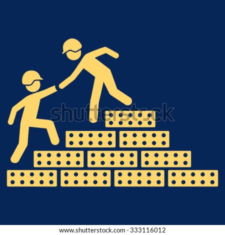 Builder Stairs Help vector icon. Style is flat symbol, yellow color, rounded angles, blue background.