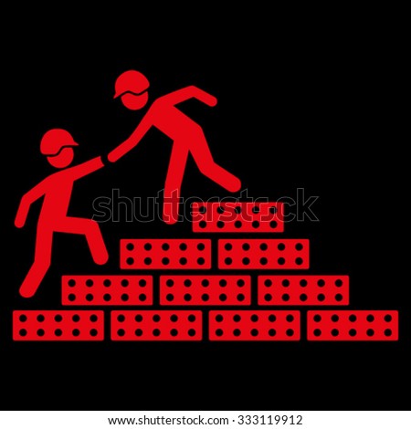 Builder Stairs Help vector icon. Style is flat symbol, red color, rounded angles, black background.