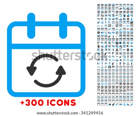 Update Date vector icon with additional 300 date and time management pictograms. Style is bicolor flat symbols, blue and gray colors, rounded angles, white background.