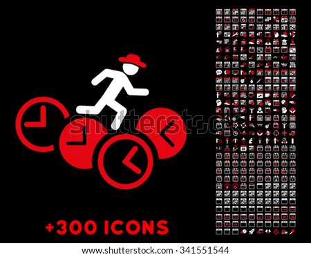 Gentleman Running Over Clocks vector pictogram with additional 300 date and time management icons. Style is bicolor flat symbols, red and white colors, rounded angles, black background.