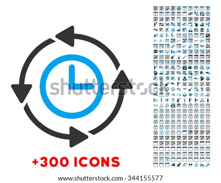 Wayback Clock vector pictogram with additional 300 date and time management icons. Style is bicolor flat symbols, blue and gray colors, rounded angles, white background.
