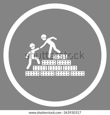 Builder Stairs Help vector icon. Style is flat circled symbol, white color, rounded angles, gray background.