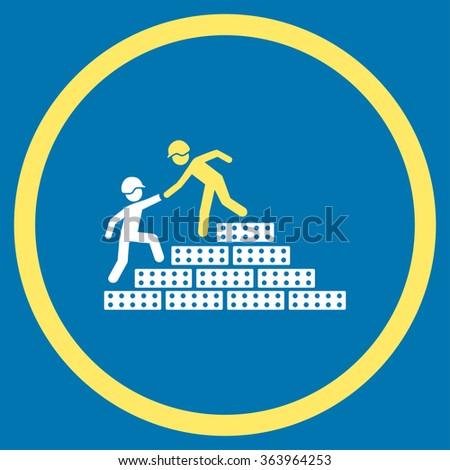 Builder Stairs Help vector icon. Style is bicolor flat circled symbol, yellow and white colors, rounded angles, blue background.