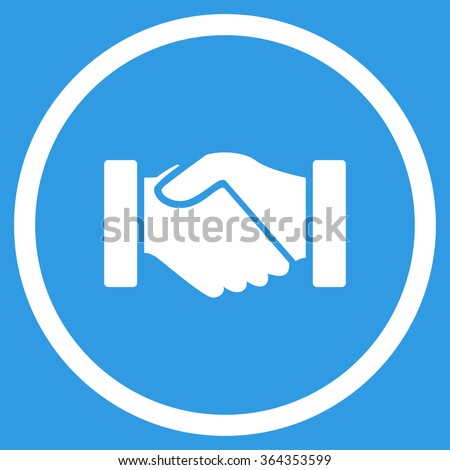 Acquisition handshake vector icon. Style is flat circled symbol, white color, rounded angles, blue background.