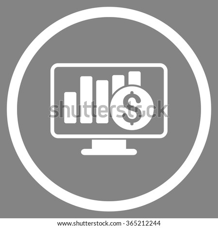 Stock Market Monitoring vector icon. Style is flat circled symbol, white color, rounded angles, gray background.