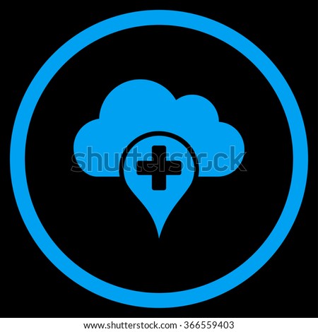 Medical Cloud vector icon. Style is flat circled symbol, blue color, rounded angles, black background.