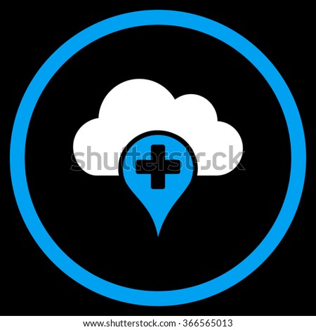 Medical Cloud vector icon. Style is bicolor flat circled symbol, blue and white colors, rounded angles, black background.