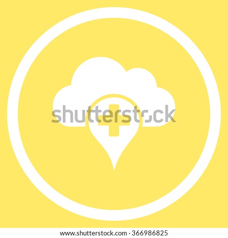 Medical Cloud vector icon. Style is flat circled symbol, white color, rounded angles, yellow background.