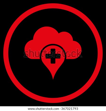 Medical Cloud vector icon. Style is flat circled symbol, red color, rounded angles, black background.