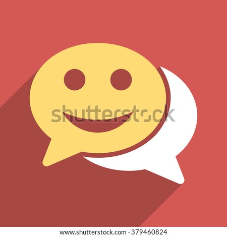 Happy Chat long shadow vector icon. Style is a flat light symbol with rounded angles on a red square background.