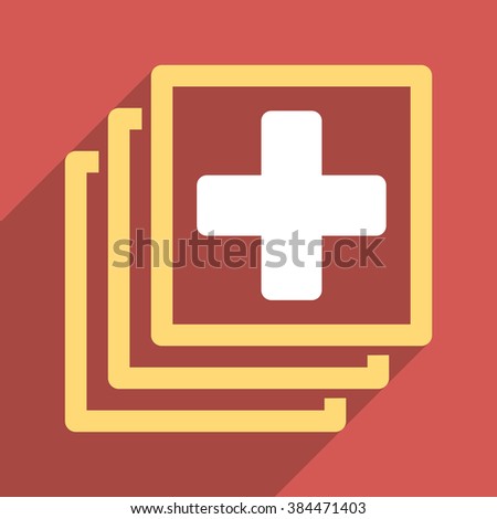Medical Docs long shadow vector icon. Style is a light flat symbol on a red square button.