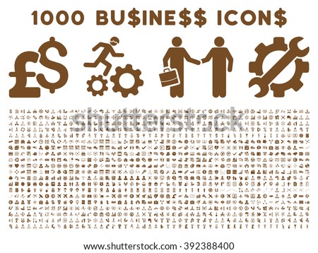 1000 Business vector icons. Pictogram style is brown flat icons on a white background. Pound and dollar currency icons are used