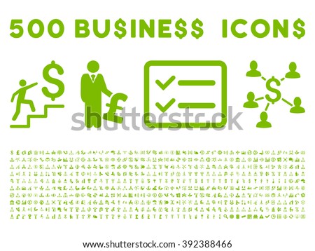 500 American and British business vector icons. Style is eco green flat icons on a white background.