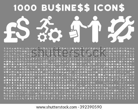 1000 Business vector icons. Pictogram style is white flat icons on a gray background. Pound and dollar currency icons are used
