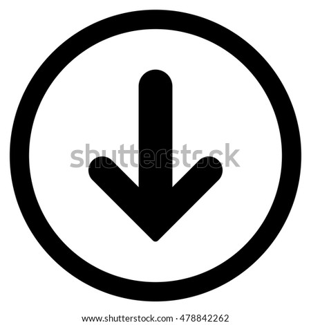 Arrow Down vector rounded icon. Image style is a flat icon symbol inside a circle, black color, white background.