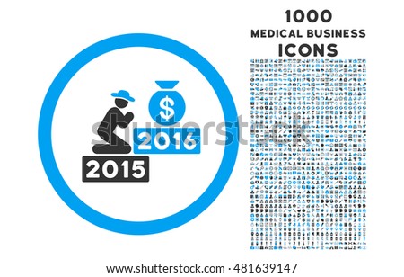 Pray for Money 2016 rounded vector bicolor icon with 1000 medical business icons. Set style is flat pictograms, blue and gray colors, white background.