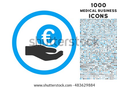 Euro Salary Hand rounded vector bicolor icon with 1000 medical business icons. Set style is flat pictograms, blue and gray colors, white background.