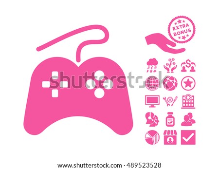 Gamepad icon with bonus elements. Vector illustration style is flat iconic symbols, pink color, white background.