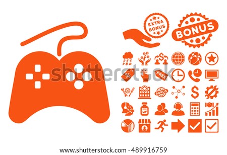 Gamepad pictograph with bonus elements. Vector illustration style is flat iconic symbols, orange color, white background.