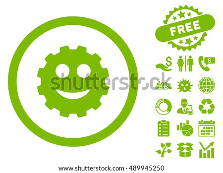 Smile Cog icon with free bonus pictograph collection. Vector illustration style is flat iconic symbols, eco green color, white background.