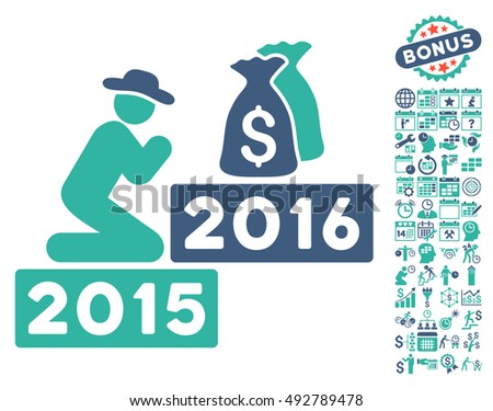 Pray for Money 2016 pictograph with bonus calendar and time management symbols. Vector illustration style is flat iconic bicolor symbols, cobalt and cyan colors, white background.