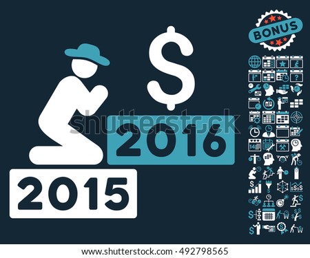 Pray for Money 2016 pictograph with bonus calendar and time management design elements. Vector illustration style is flat iconic bicolor symbols, blue and white colors, dark blue background.