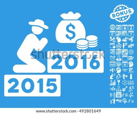 Pray for Money 2016 icon with bonus calendar and time management graphic icons. Vector illustration style is flat iconic symbols, white color, blue background.